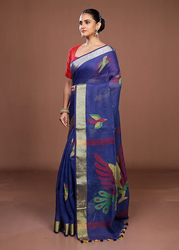 Blue Linen Silk Saree With Blouse Piece - Image 4