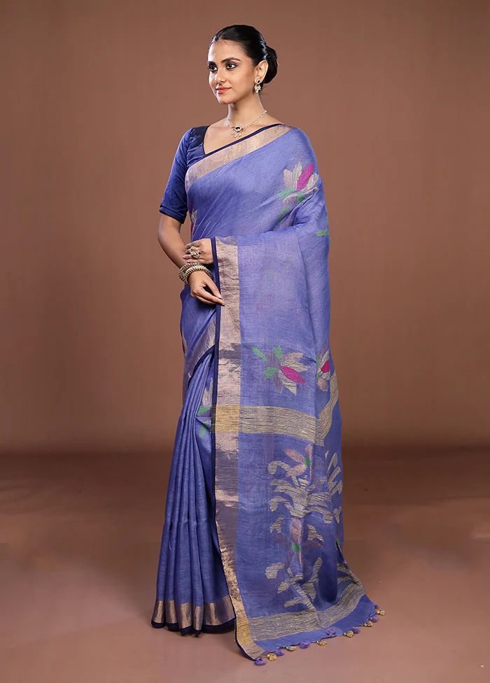 Blue Linen Silk Saree With Blouse Piece - Image 4