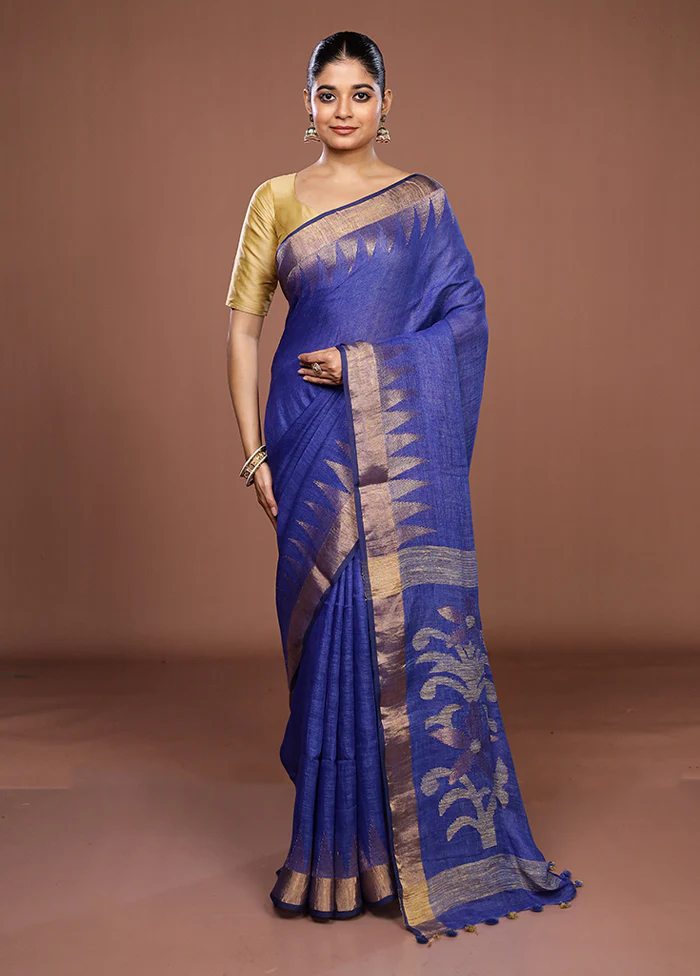Blue Linen Silk Saree With Blouse Piece - Image 2