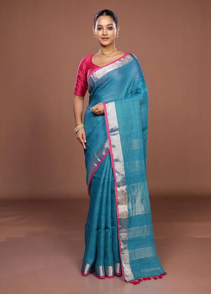 Blue Linen Silk Saree With Blouse Piece - Image 2
