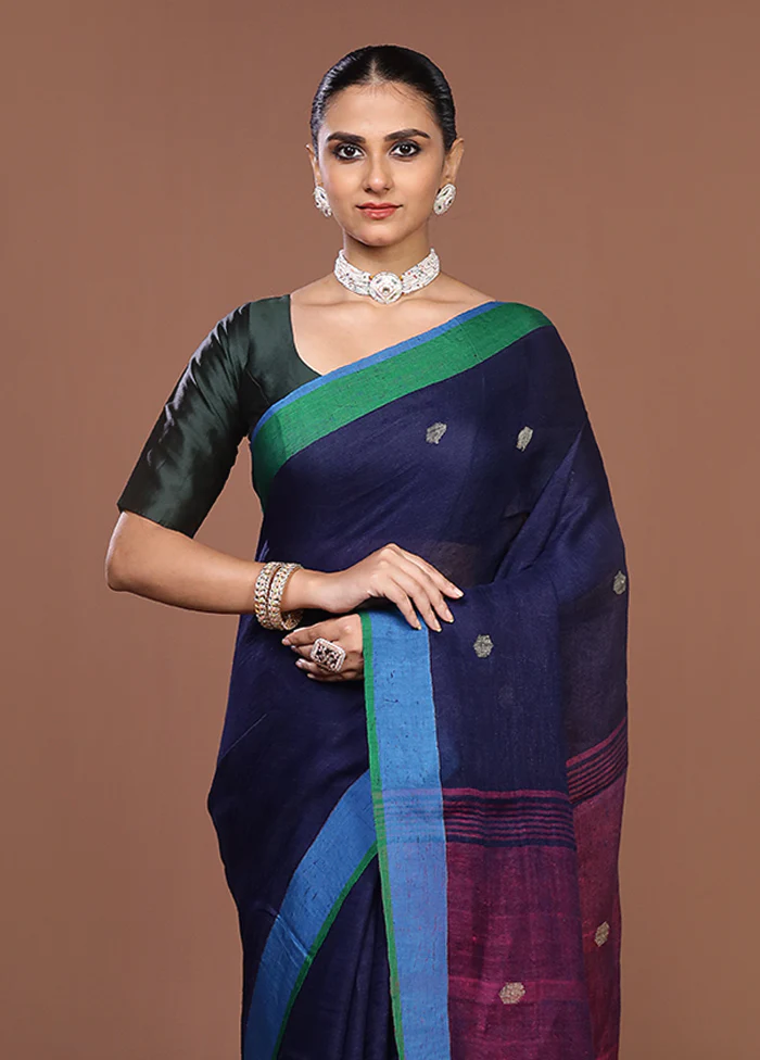 Blue Linen Silk Saree With Blouse Piece