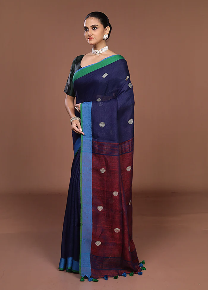 Blue Linen Silk Saree With Blouse Piece - Image 4