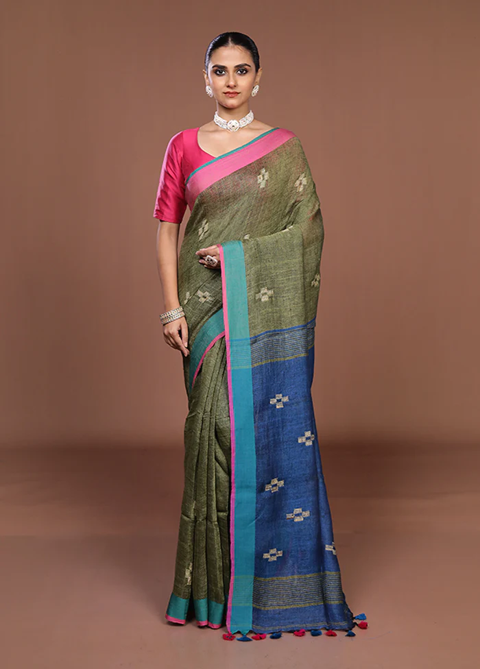 Blue Linen Silk Saree With Blouse Piece - Image 2