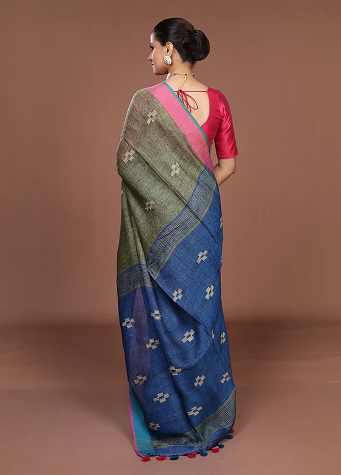 Blue Linen Silk Saree With Blouse Piece - Image 3