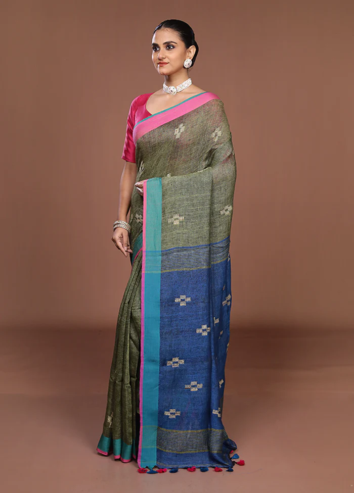 Blue Linen Silk Saree With Blouse Piece - Image 4