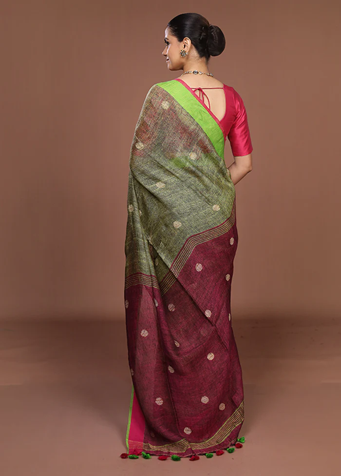 Blue Linen Silk Saree With Blouse Piece - Image 3