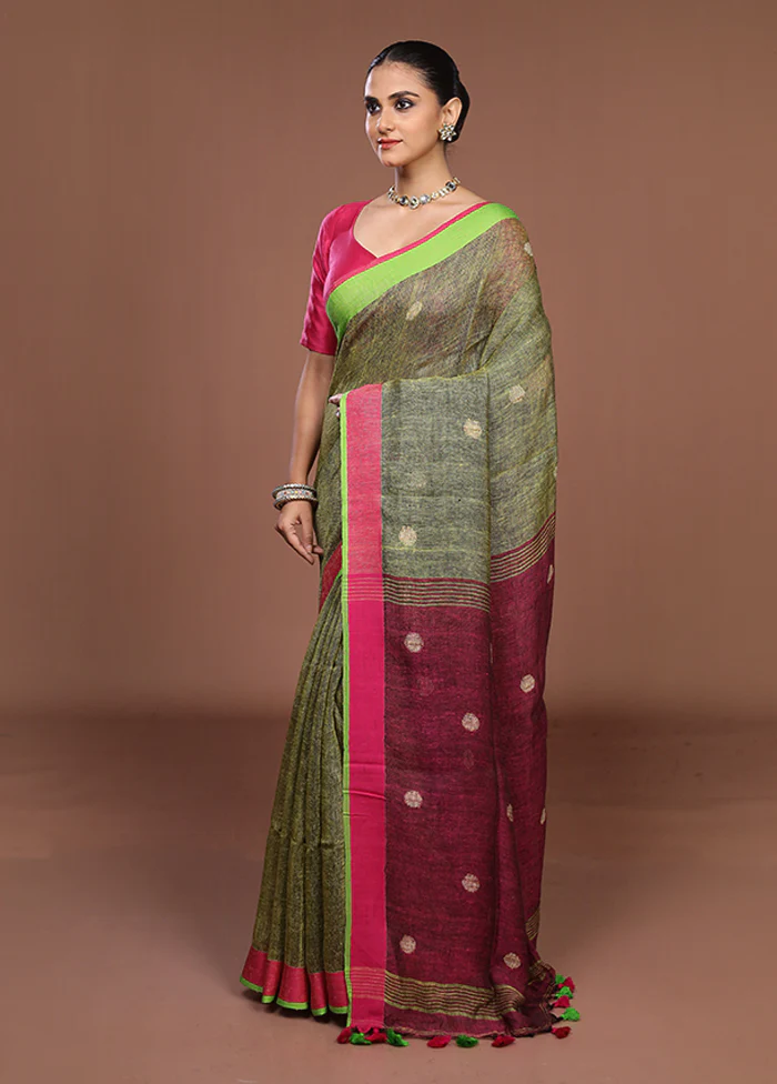 Blue Linen Silk Saree With Blouse Piece - Image 4