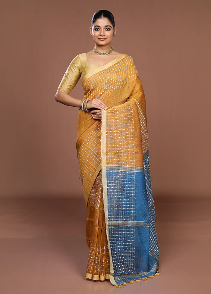 Blue Linen Silk Saree With Blouse Piece - Image 2