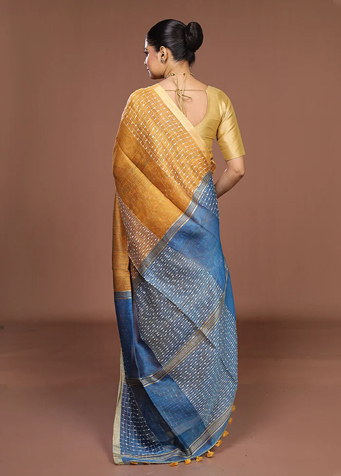 Blue Linen Silk Saree With Blouse Piece - Image 3