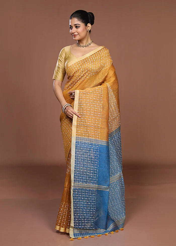 Blue Linen Silk Saree With Blouse Piece - Image 4