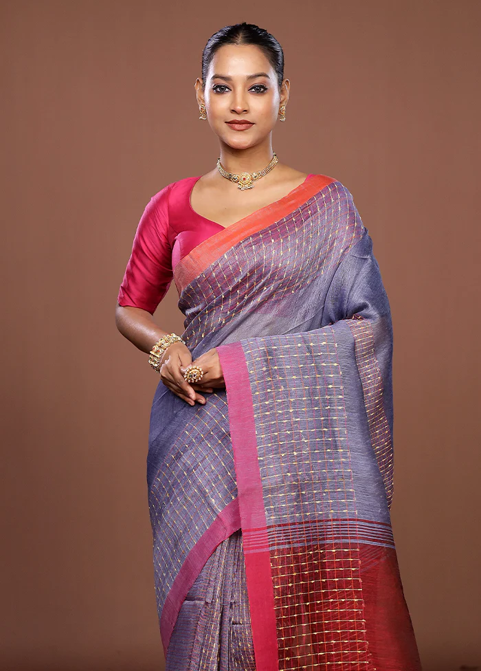 Blue Linen Silk Saree With Blouse Piece