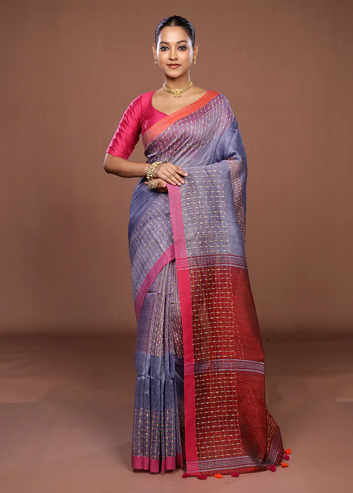 Blue Linen Silk Saree With Blouse Piece - Image 2