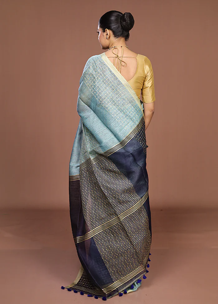 Blue Linen Silk Saree With Blouse Piece - Image 3