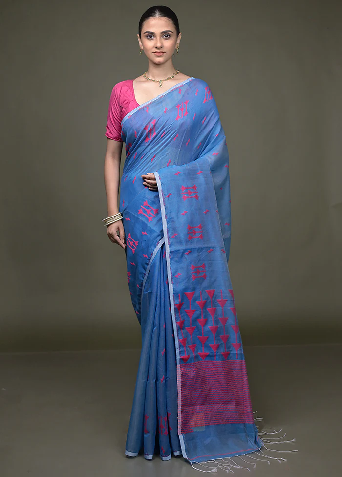 Blue Matka Silk Saree With Blouse Piece - Image 2