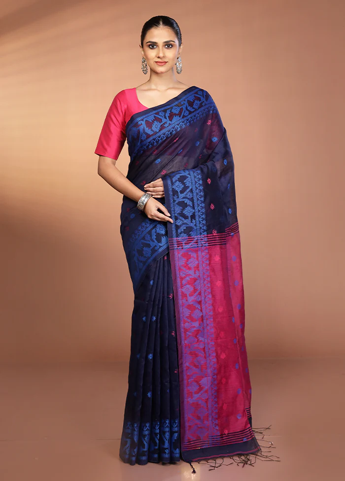 Blue Matka Silk Saree With Blouse Piece - Image 2