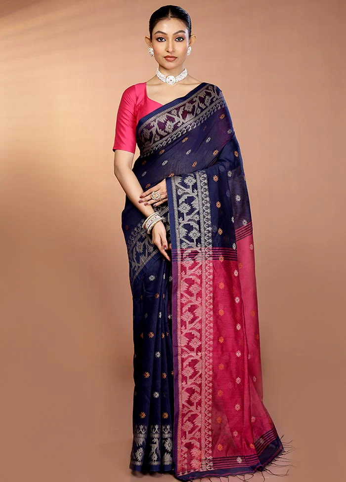 Blue Matka Silk Saree With Blouse Piece - Image 2