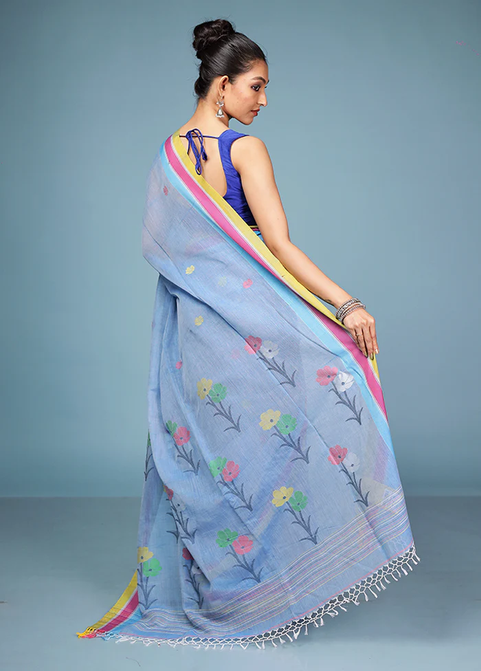 Blue Matka Silk Saree With Blouse Piece - Image 3