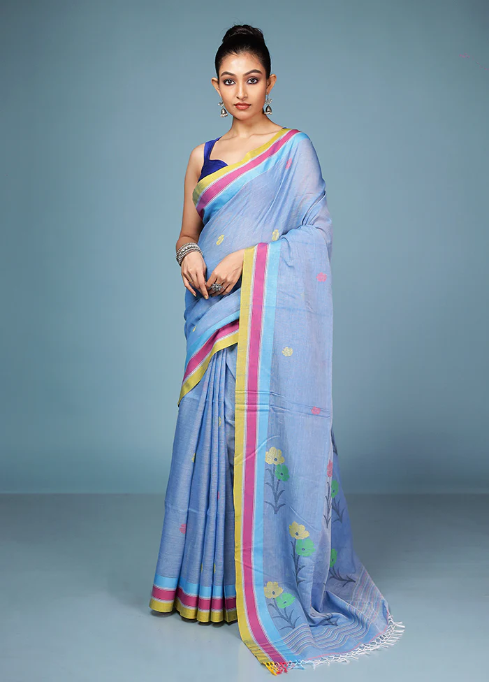 Blue Matka Silk Saree With Blouse Piece - Image 4