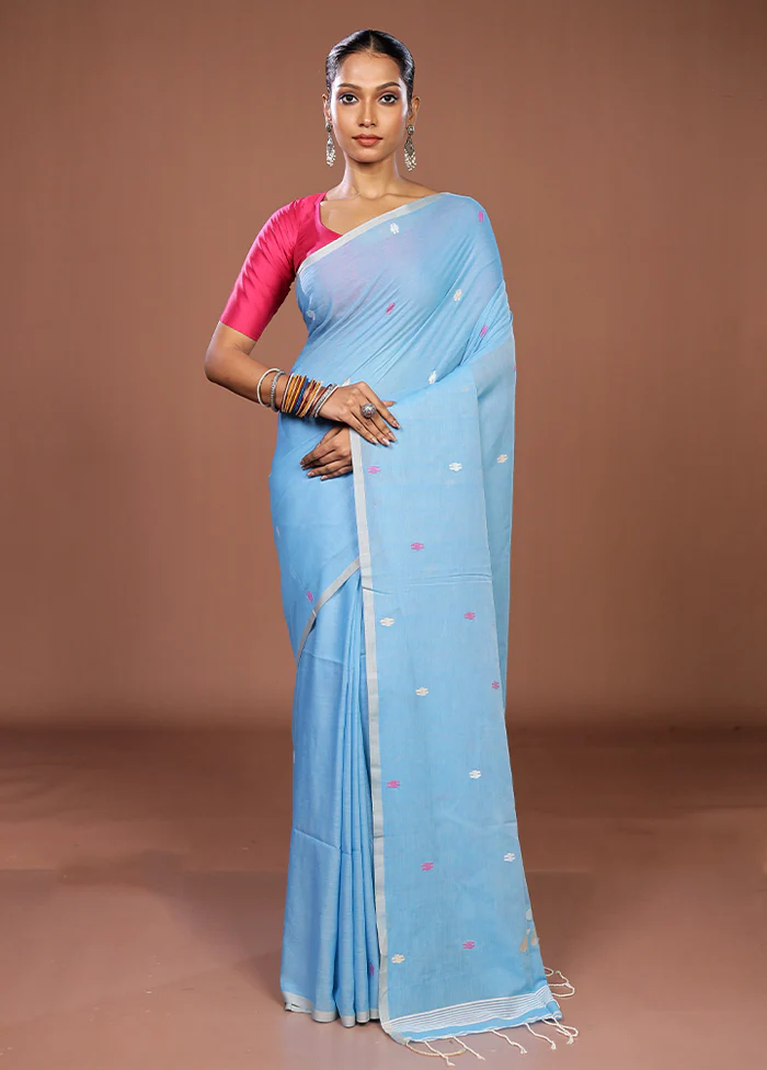 Blue Matka Silk Saree With Blouse Piece - Image 2