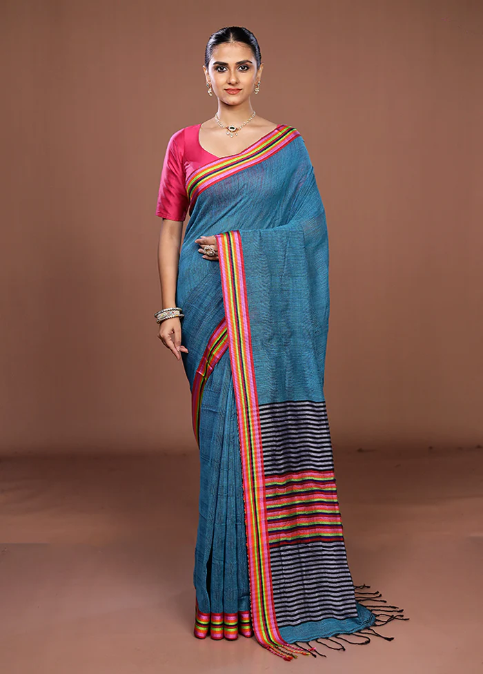 Blue Matka Silk Saree With Blouse Piece - Image 2