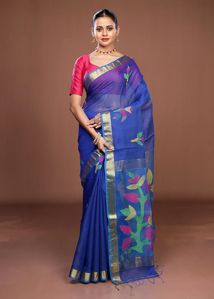 Blue Matka Silk Saree With Blouse Piece - Image 2