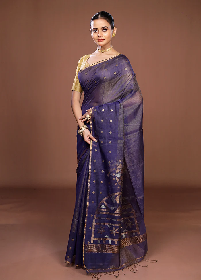 Blue Matka Silk Saree With Blouse Piece - Image 4