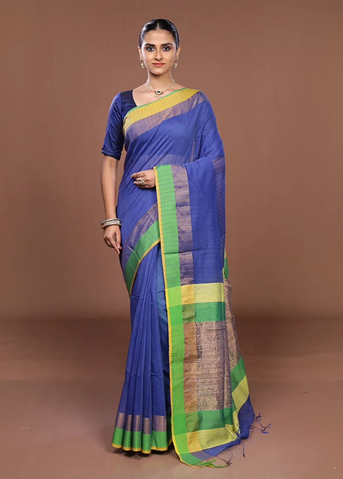 Blue Matka Silk Saree With Blouse Piece - Image 2
