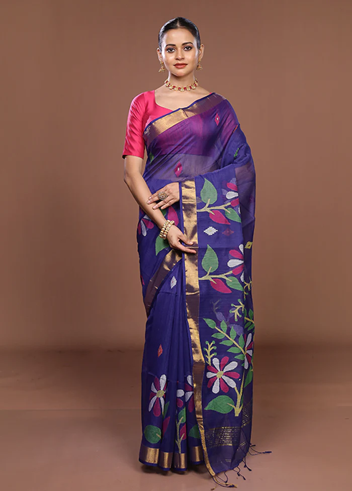Blue Matka Silk Saree With Blouse Piece - Image 2