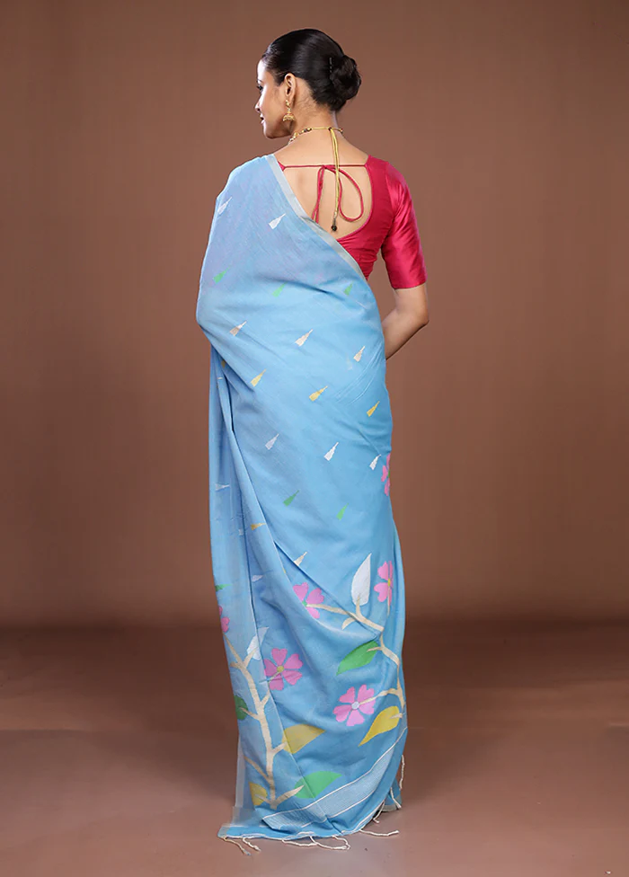 Blue Matka Silk Saree With Blouse Piece - Image 3