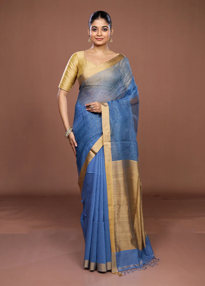 Blue Matka Silk Saree With Blouse Piece - Image 2