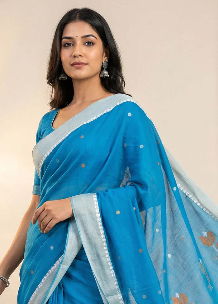 Blue Matka Silk Saree With Blouse Piece - Image 2