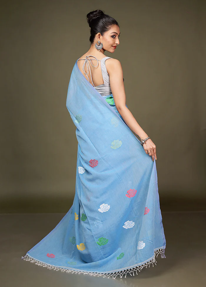 Blue Matka Silk Saree With Blouse Piece - Image 3