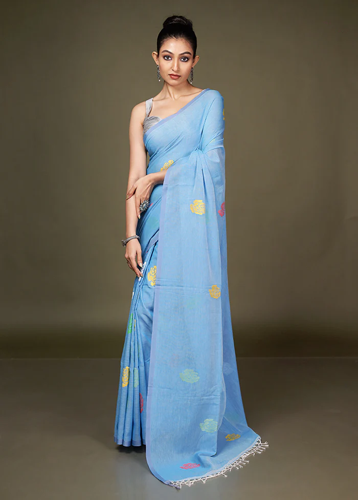 Blue Matka Silk Saree With Blouse Piece - Image 4