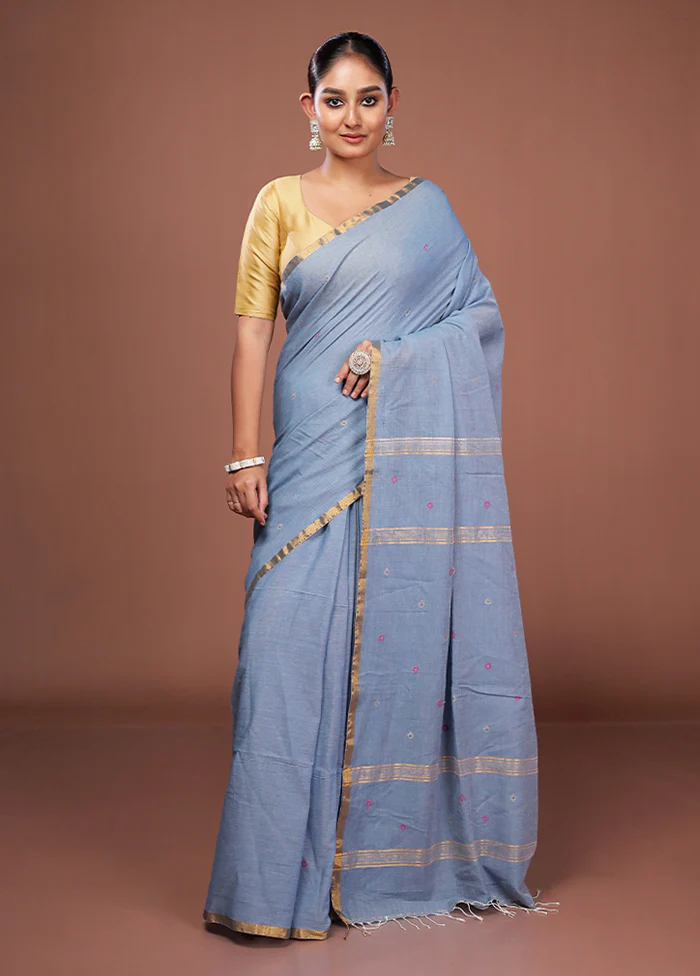 Blue Matka Silk Saree With Blouse Piece - Image 2