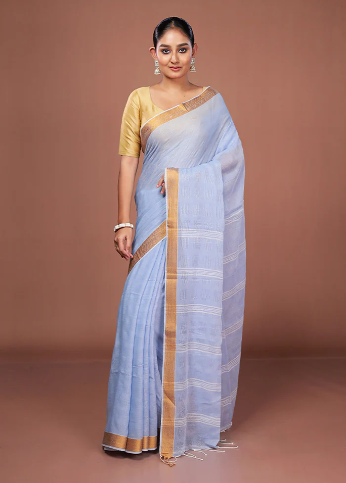 Blue Matka Silk Saree With Blouse Piece - Image 2