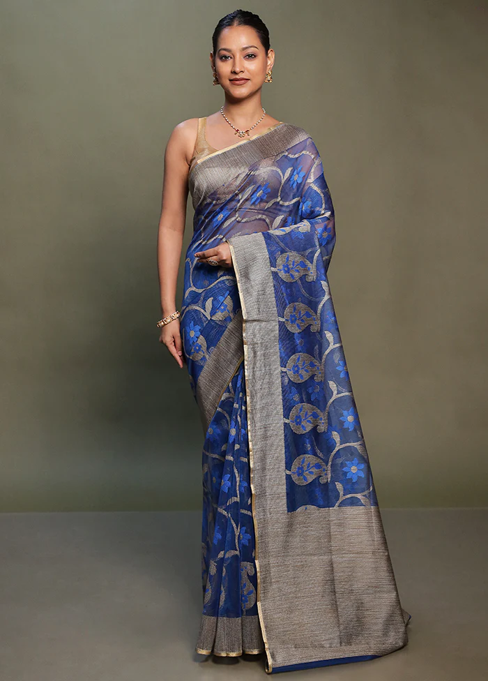 Blue Net Saree With Blouse Piece - Image 2