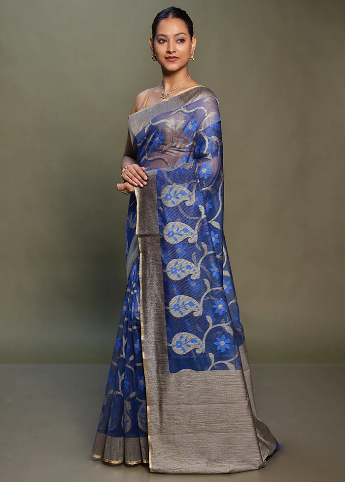 Blue Net Saree With Blouse Piece - Image 4