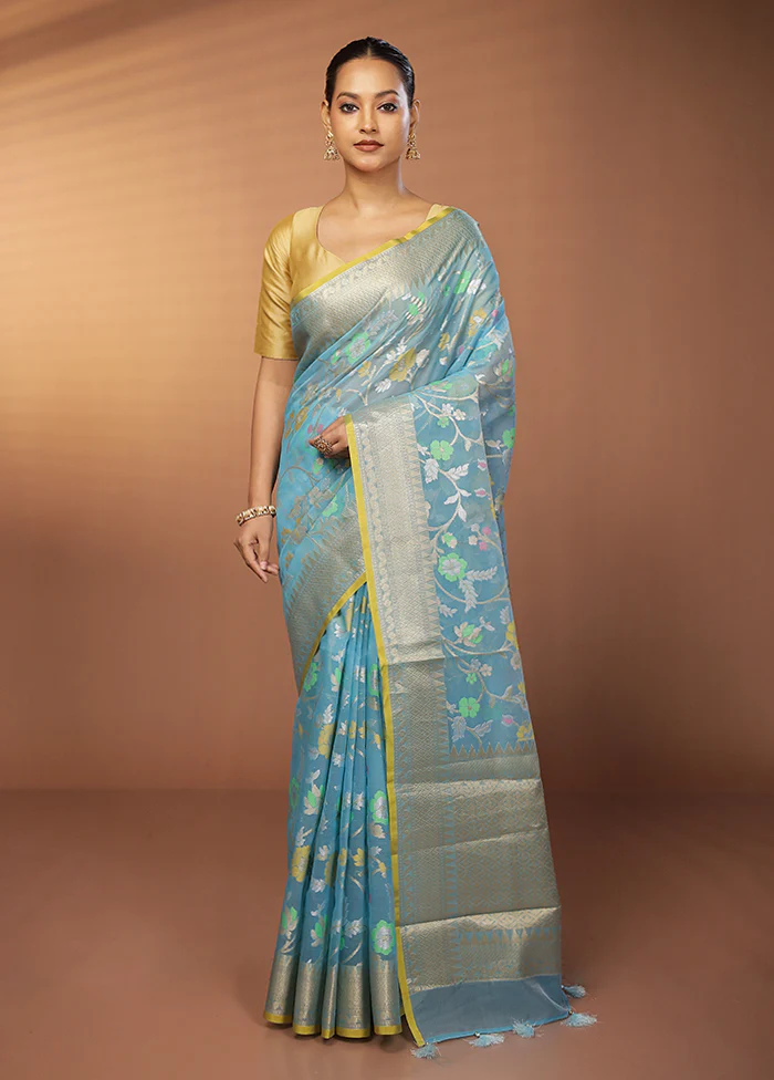 Blue Organza Saree With Blouse Piece - Image 2