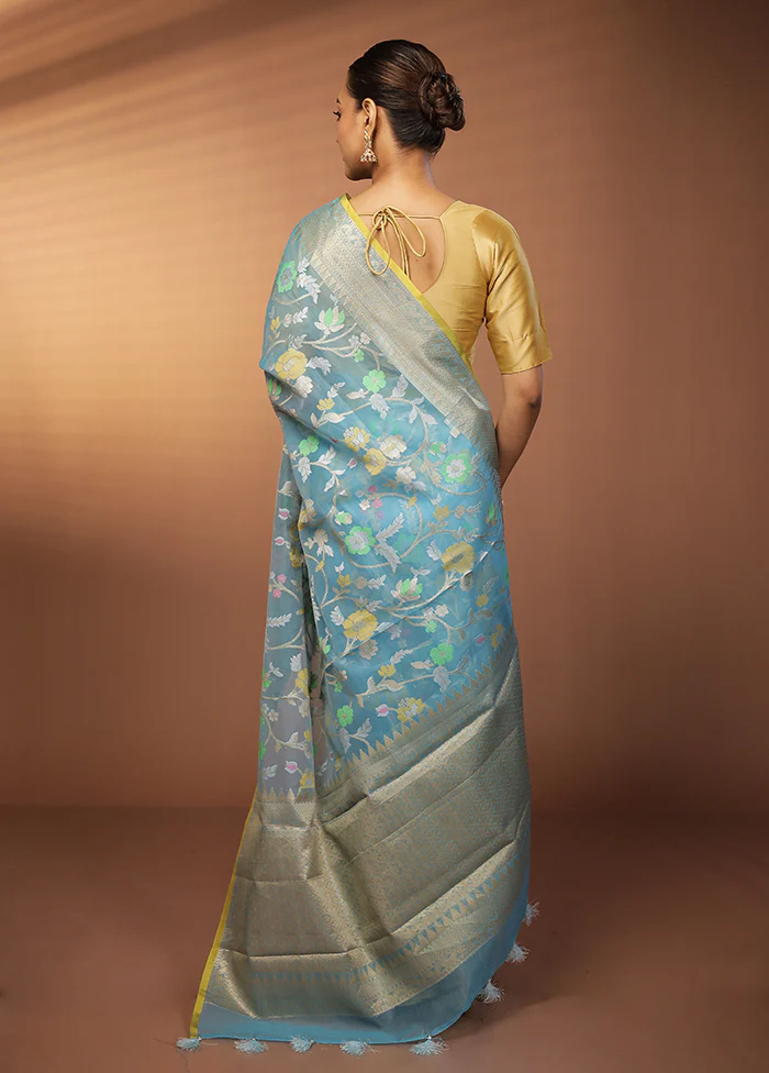 Blue Organza Saree With Blouse Piece - Image 3