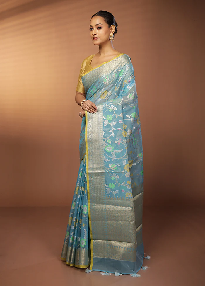 Blue Organza Saree With Blouse Piece - Image 4