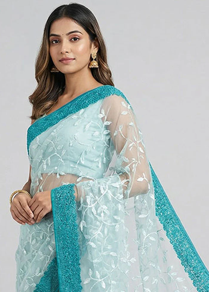 Blue Organza Saree With Blouse Piece - Image 2