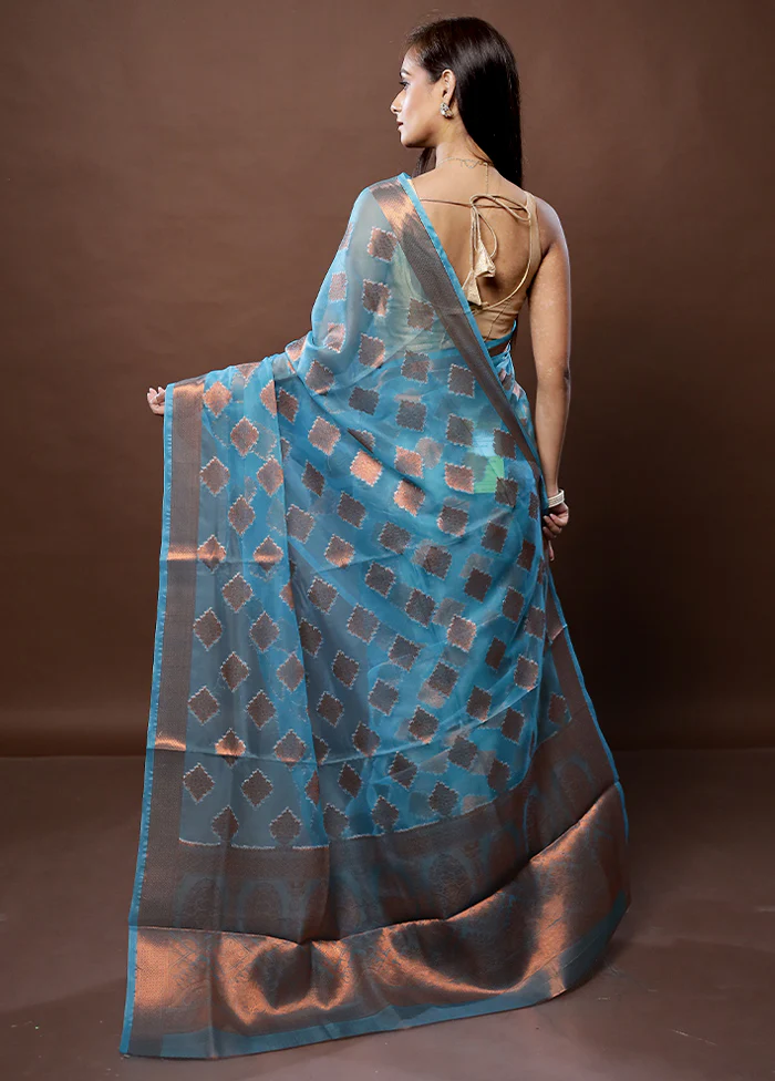 Blue Organza Saree With Blouse Piece - Image 3