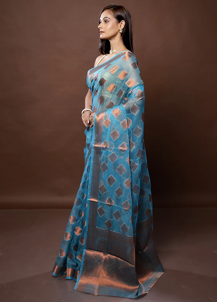 Blue Organza Saree With Blouse Piece - Image 4