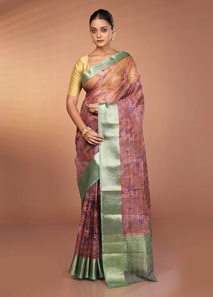 Blue Organza Saree With Blouse Piece - Image 2