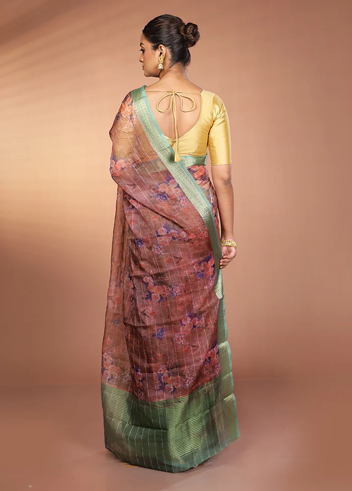 Blue Organza Saree With Blouse Piece - Image 3