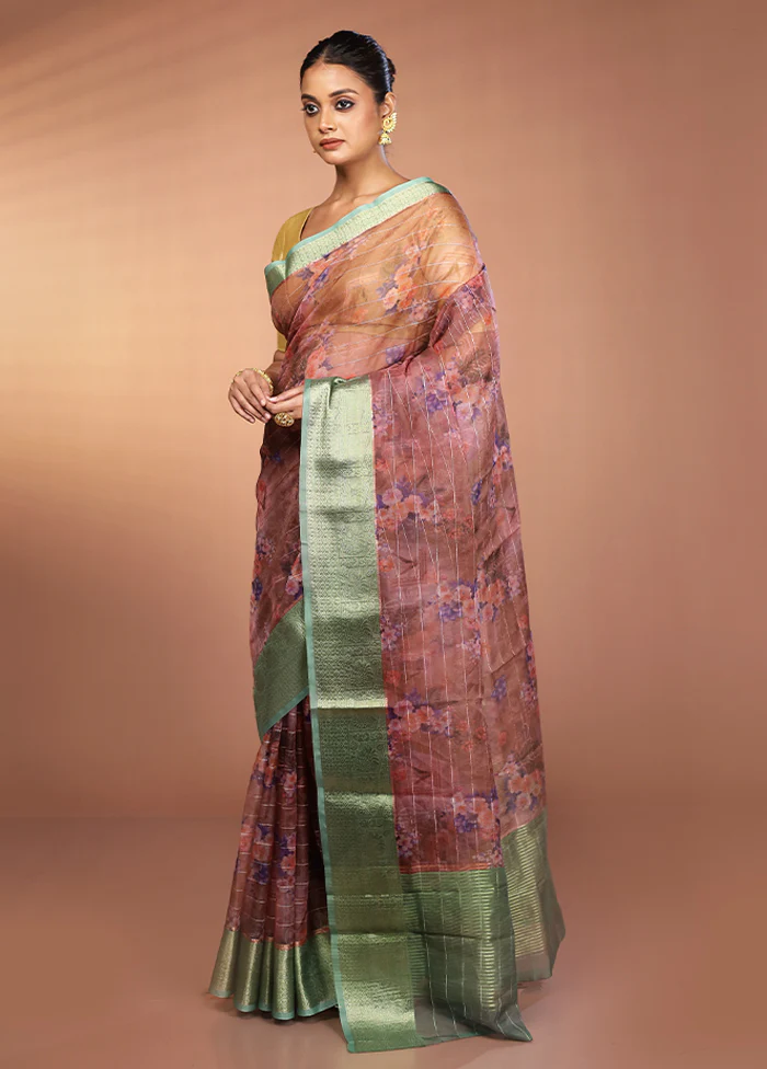 Blue Organza Saree With Blouse Piece - Image 4