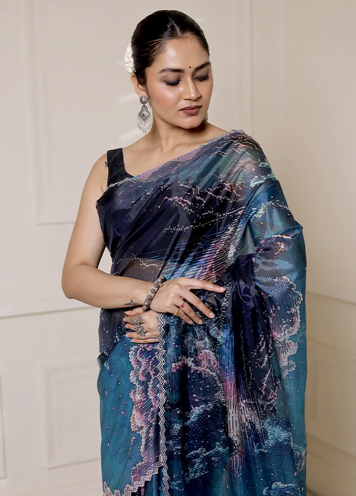 Blue Organza Saree With Blouse Piece