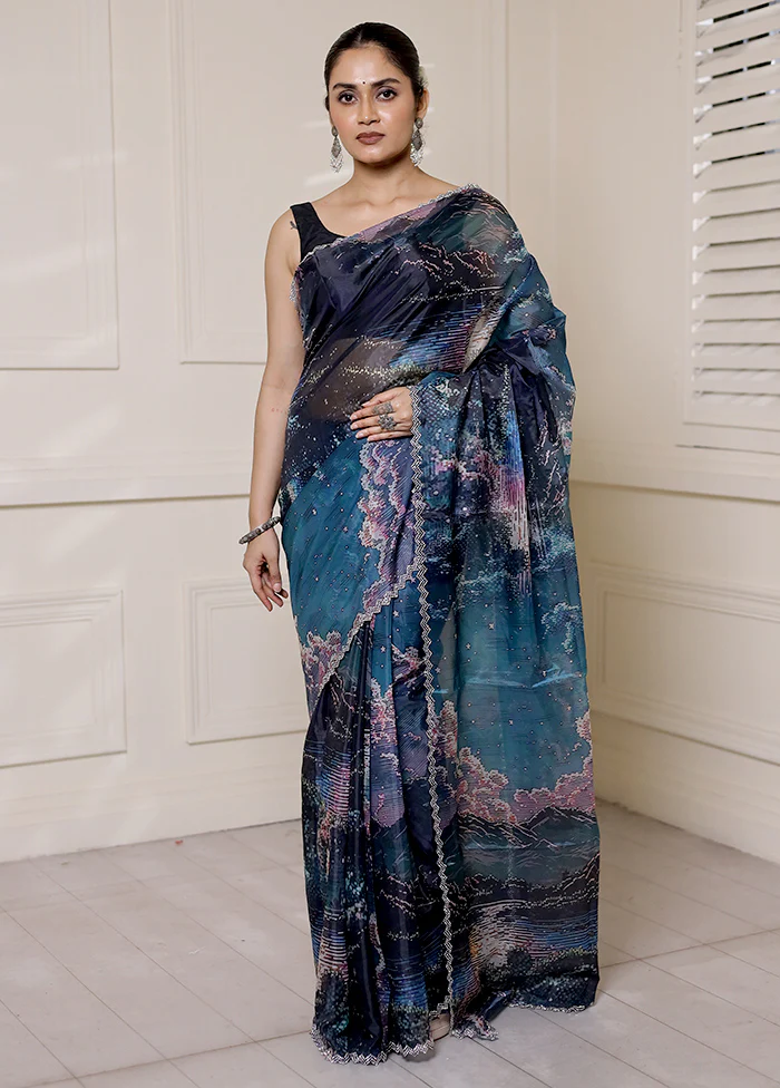 Blue Organza Saree With Blouse Piece - Image 2