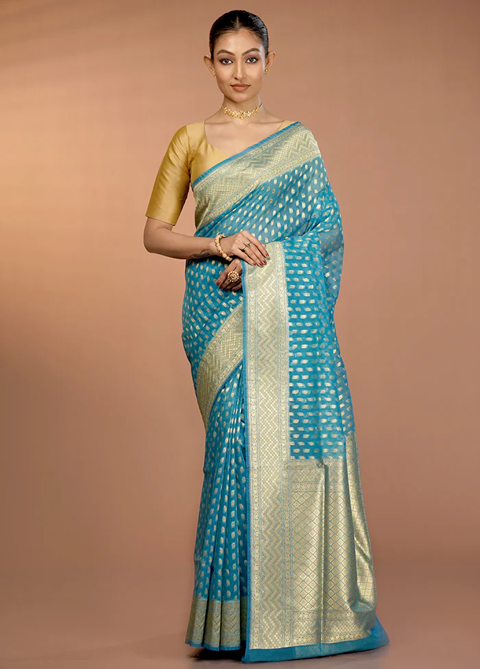 Blue Organza Saree With Blouse Piece - Image 2