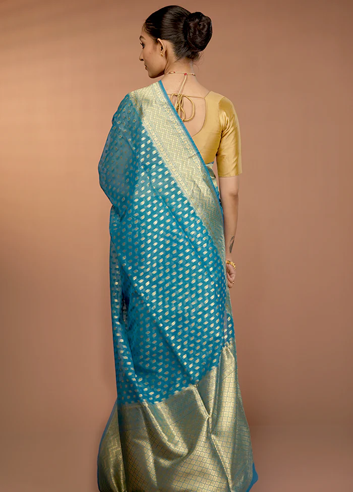 Blue Organza Saree With Blouse Piece - Image 3